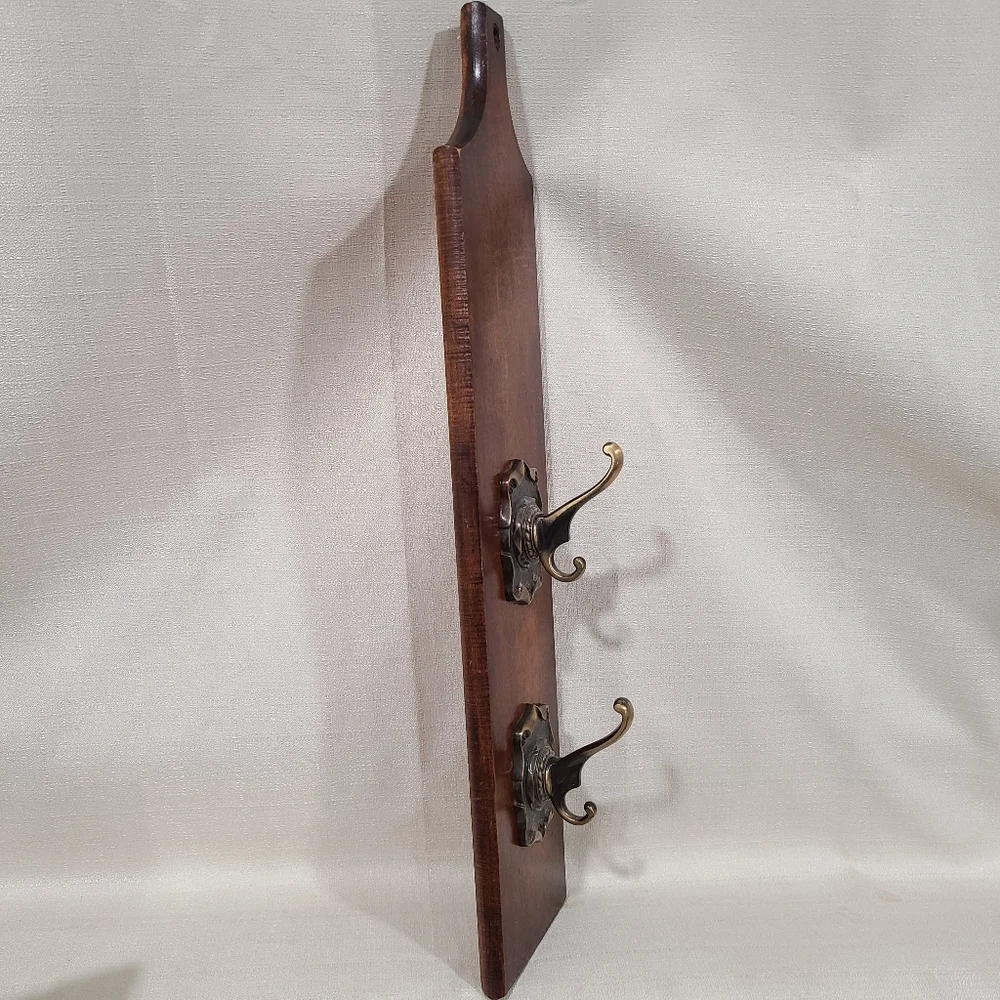 Wood Wall Hook Rack with Brass Double Hooks - Brown